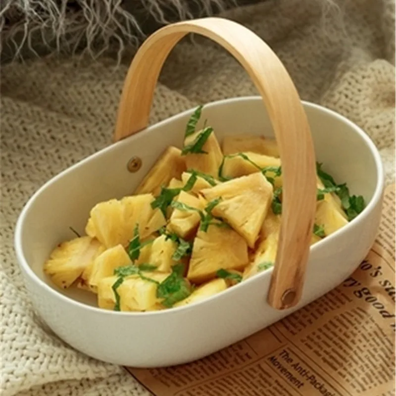 

KINGLANG ceramic Belt wooden handle oval dish household tableware long dish baking baking plate