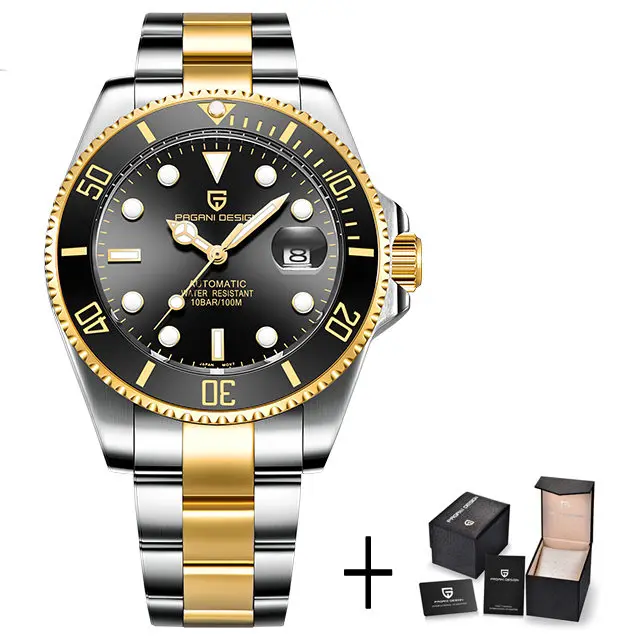 PAGANI дизайнерские брендовые Роскошные мужские часы Автоматические черные часы мужские водонепроницаемые деловые спортивные механические наручные часы из нержавеющей стали - Цвет: gold black B