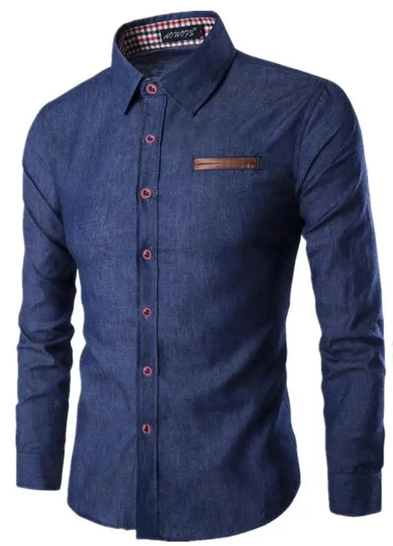 Новинка, модная брендовая мужская рубашка с карманами, кожаная рубашка с длинным рукавом, приталенная Мужская рубашка, повседневные мужские рубашки, модель - Цвет: Dark blue