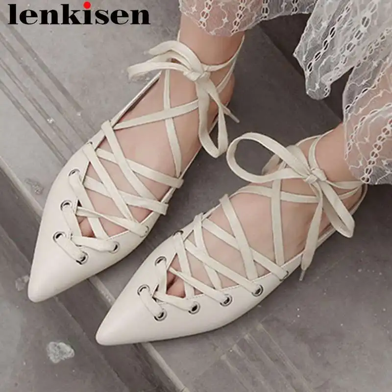

Lenkisen pretty girls natural leather pointed toe ankle strap women flats princess style summer streetwear modern girl shoes L56