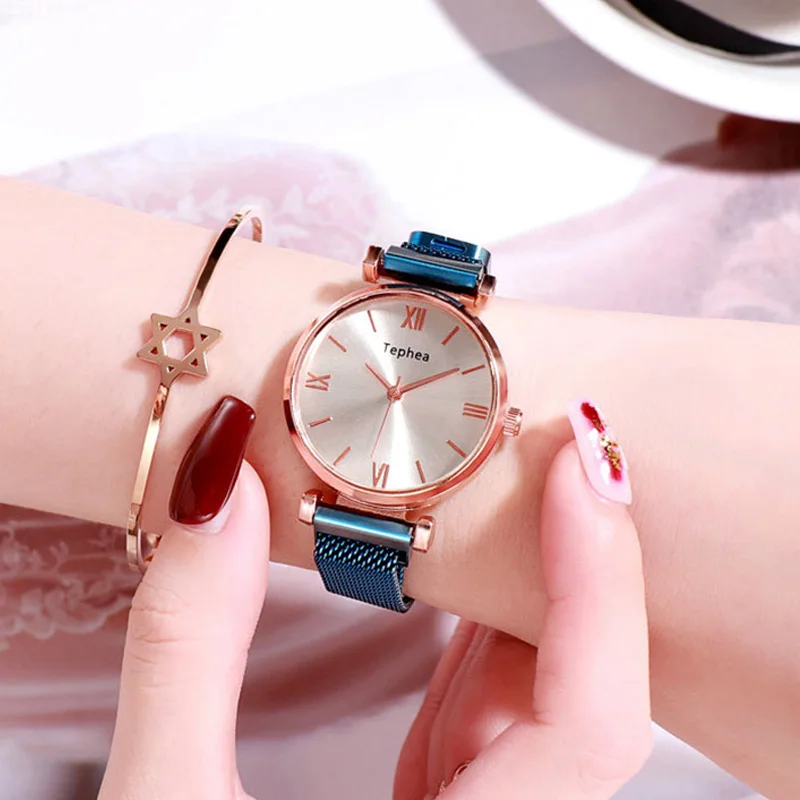 

Women Fashion Blue Quartz Watch Ladies Mesh Magnetic Quartz Clock Luxury Crystal Waterproof Wristwatches relogio feminino 2019