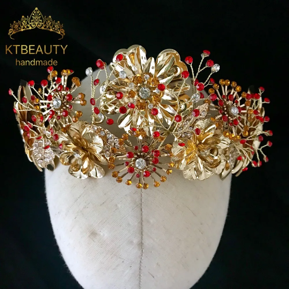 

New Luxury Golden Flowers Headpiece Tiara Bigger Custom Made Rhinestones Royal Queen Princess Pageant Party Crown Bridesmaids