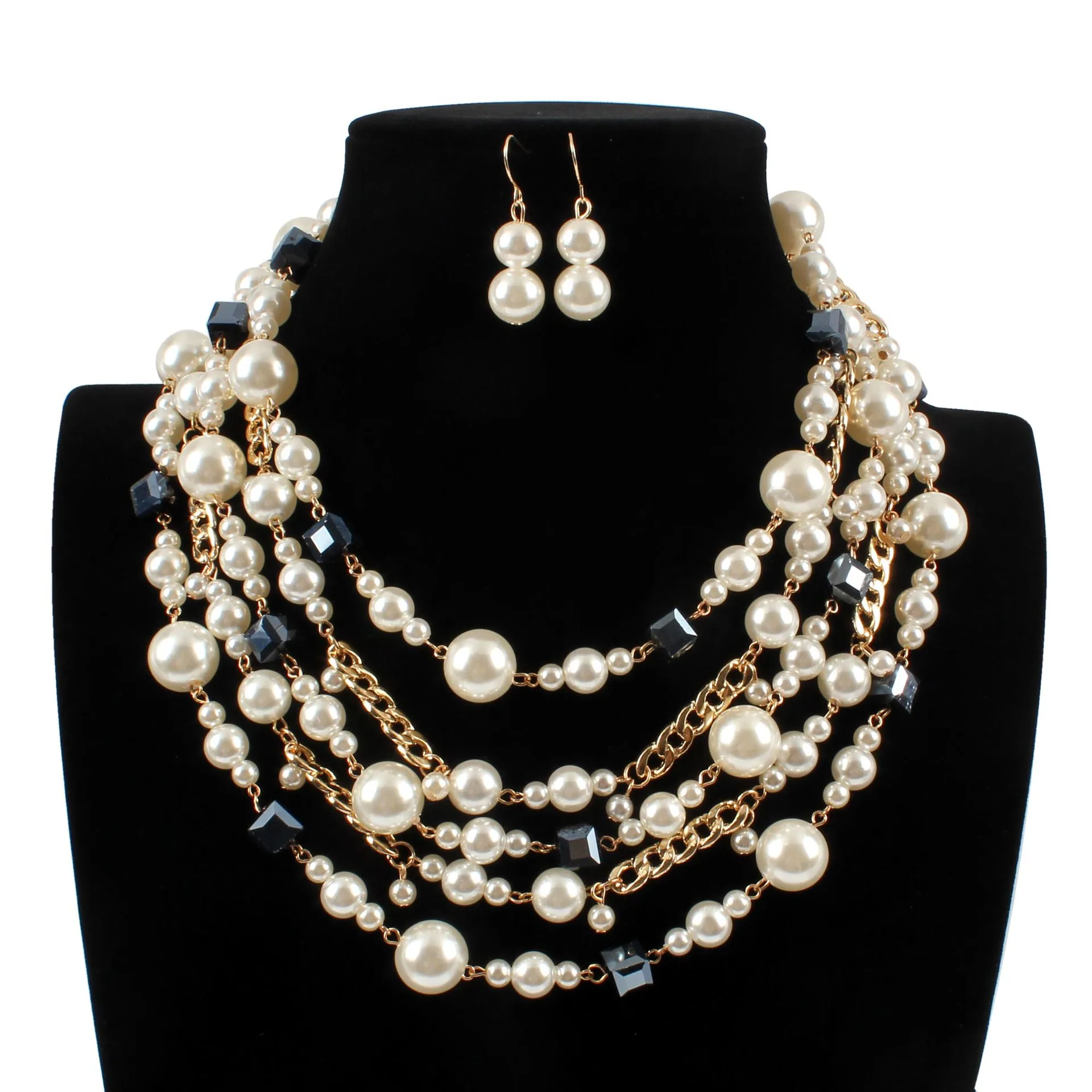 

Trendy luxury collarbone layers chain imitation pearl pendant necklace and earrings wedding jewelry sets for woman