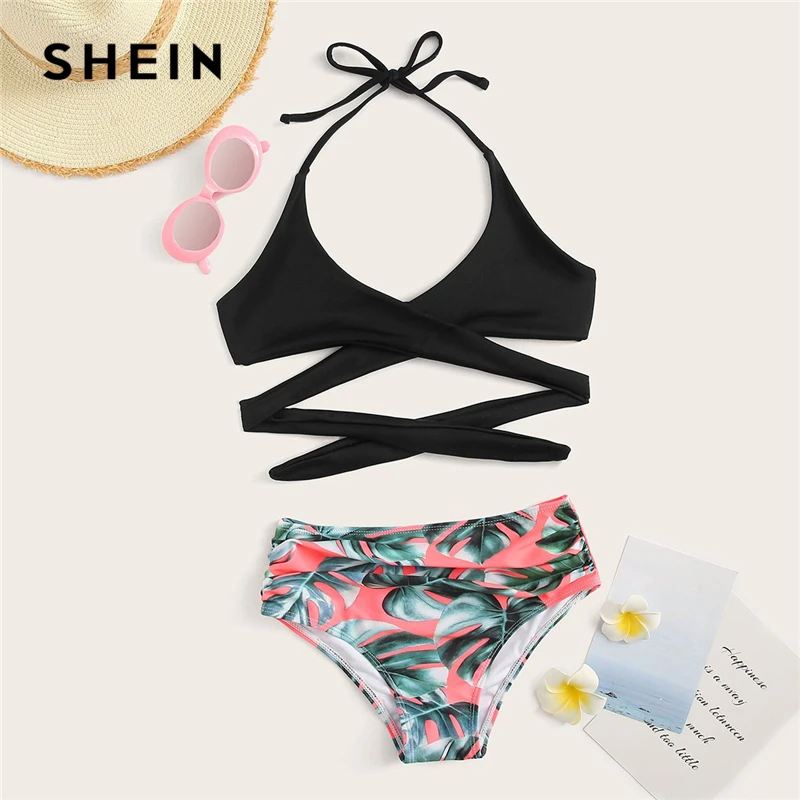 SHEIN Kiddie Girls Wrap Halter Top With Palm Print Bikini Two Piece Set Child Swim Suit 2019 Summer High Waist Holiday Swimwear SHEIN Kiddie Girls Wrap Halter Top With Palm Print Bikini Two Piece Set Child Swim Suit 2019 Summer High Waist Holiday Swimwear