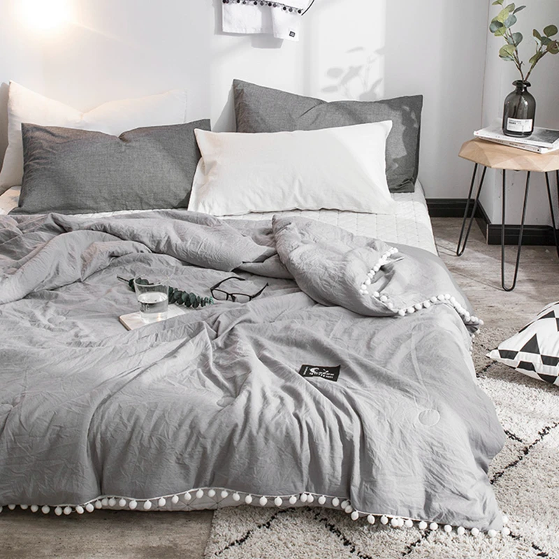

Summer Gray Air Condition Quilts Duvet With Little White Pompons Bed Linens Washed Cotton Throw Blankets Solid Bedding