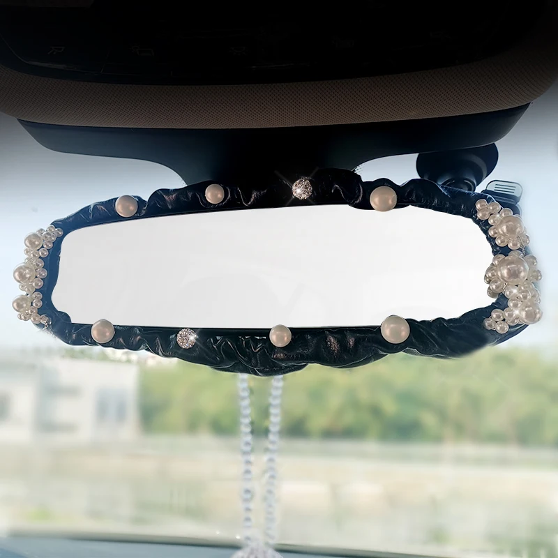 

Universal Bling Crystal Leather Car Rear View Mirror Cover Interior Accessories Pearls Car Mirror Decoration For Women Girls