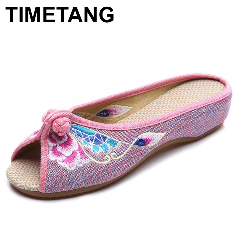 TIMETANGVintage с вышивкой в традиционном стиле тапочки новые летние льняные китайская