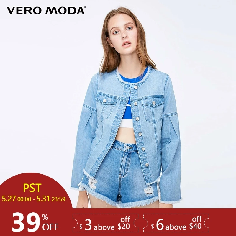 

Vero Moda Round Neckline Raw-edge 3D Flared Sleeves Denim Jacket|318357503