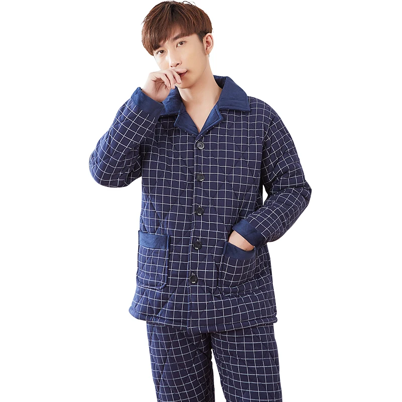 Men's plaid patterns pajama sets three layer thickening winter pajamas