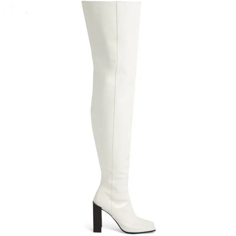 JAWAKYE/ г.; белые, черные, коричневые кожаные сапоги; женские Сапоги выше колена на молнии сбоку; высокие сапоги до бедра с квадратным носком на блочном каблуке - Цвет: white