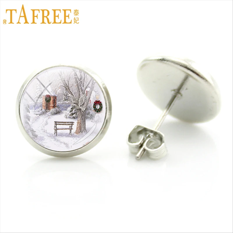 

TAFREE elegant charming Snow scene glass photo earrings for women girls jewelry cartoon Christmas party stud earrings gifts J140