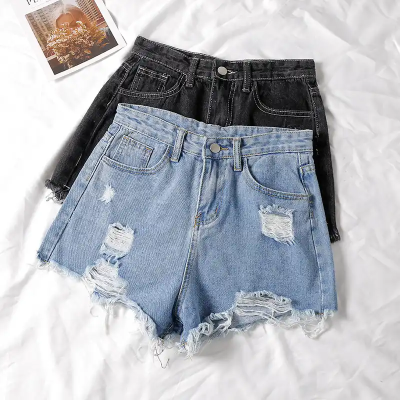 Denim Shorts Korean Kawaii Loose Hole Vintage Frayed High Waisted Hot Slim Woman Shorts Sexy Jeans 19 Summer Black Blue Shorts Aliexpress