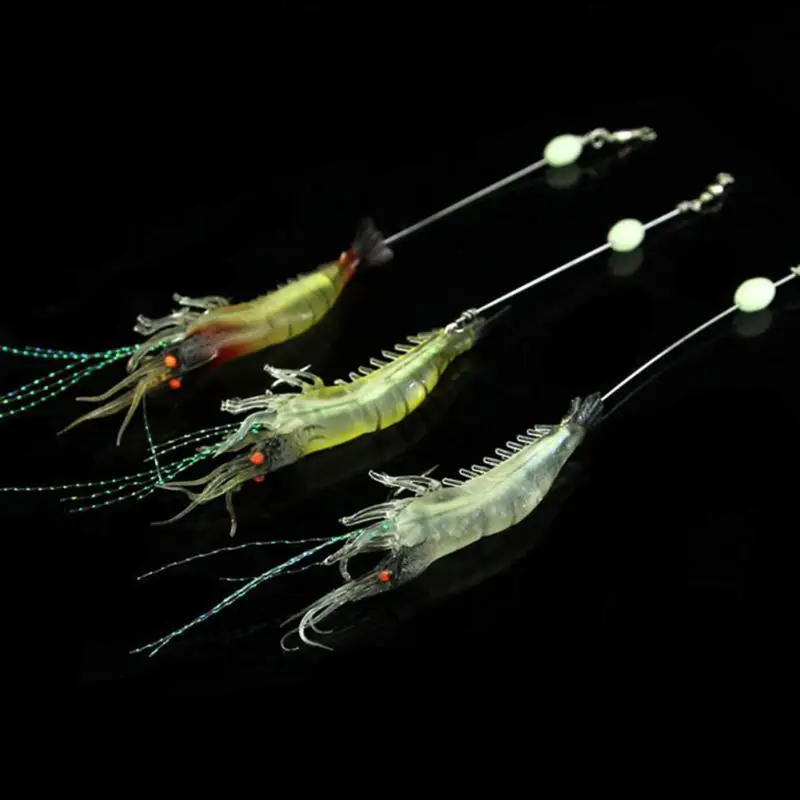 PVC Artificial Fishing Lure Bionic Shrimp Soft Bait Fishing Tackle with Hook Noctilucent Luminous Night Glow Bead