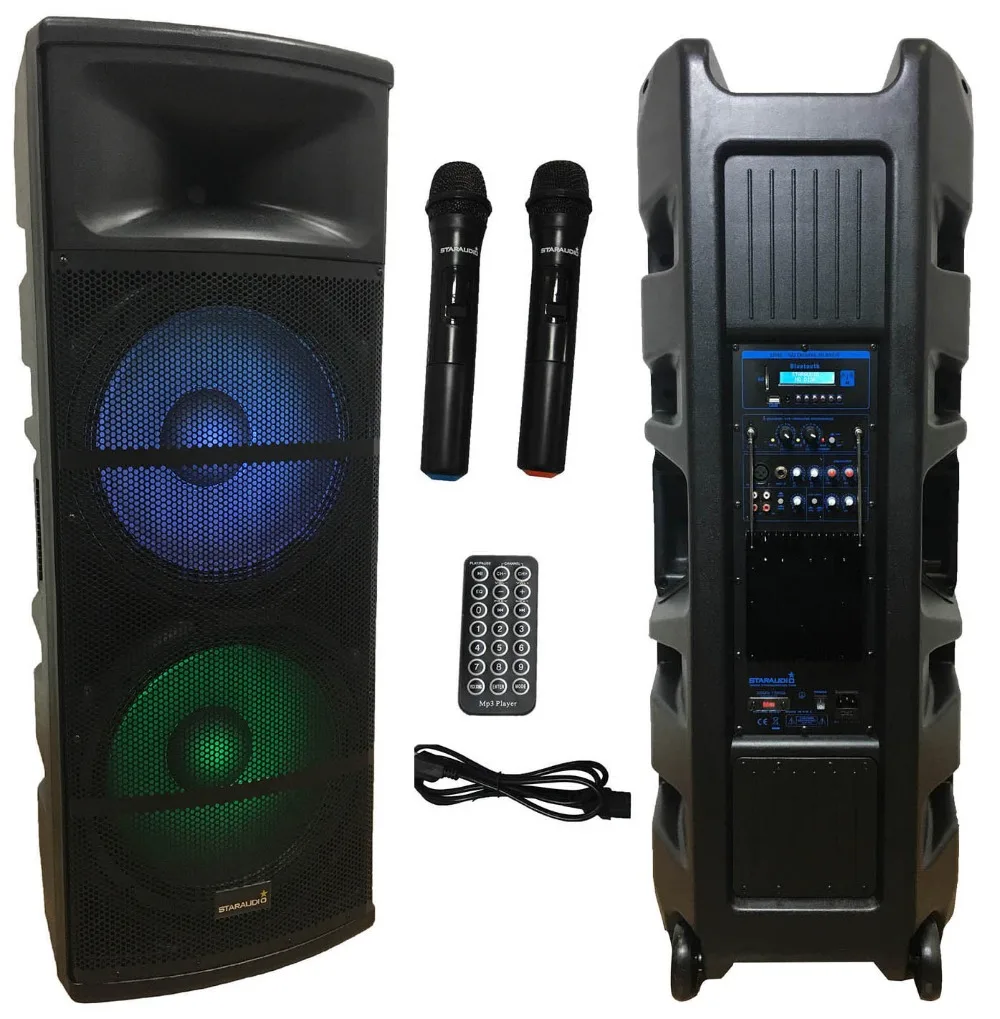 dual 15 inch powered pa dj speaker with wireless vhf microphone bluetooth m...