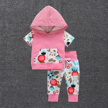 Newborn baby child 2 piece suit clothing set pink short-sleeved sweater hoodie printing trousers girl leisure brand suit