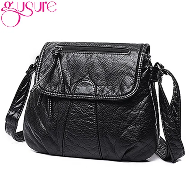 Gusure Soft Pu Washed Leather Handbags Women Shoulder Bags Black Gusure Soft Pu Washed Leather Handbags Women Shoulder Bags Black Solid Color Messenger Bag Crossbody Postman
