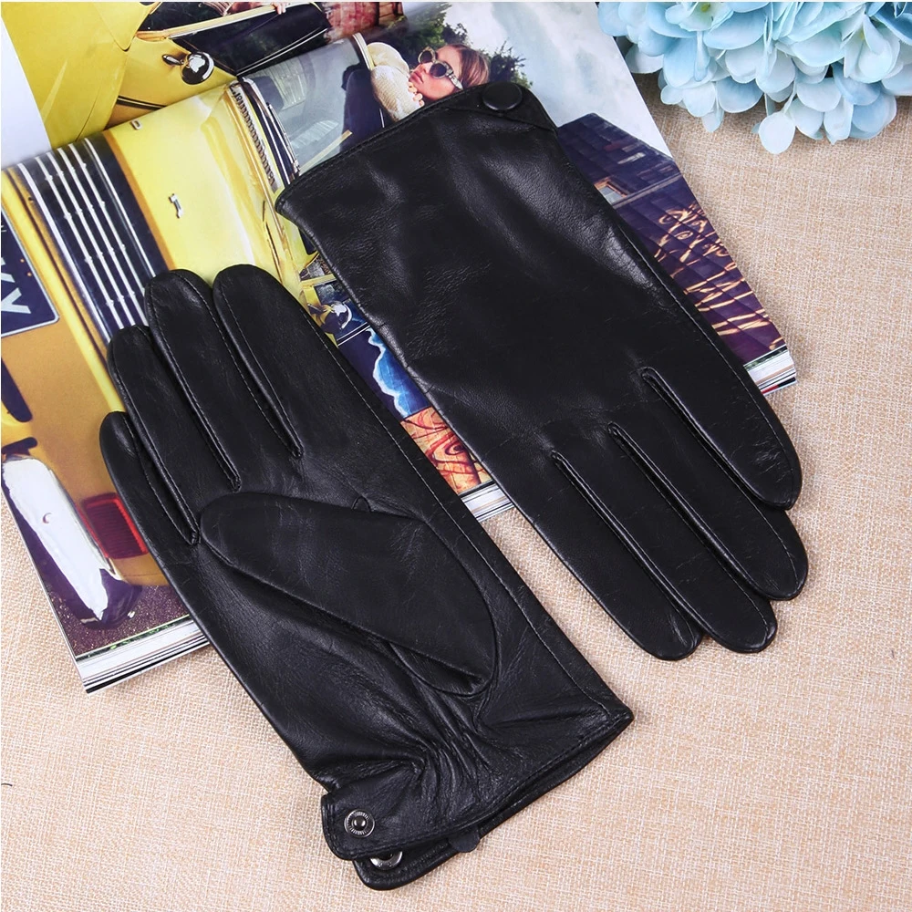 New Stylish Sheepskin Gloves Male Autumn Winter Thermal Genuine Leather Five Fingers Touchscreen Black Men Mittens TM27001