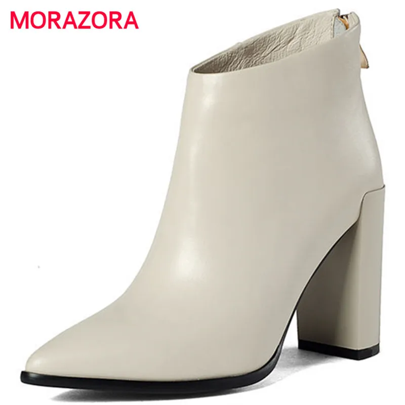 

MORAZORA 2018 new sexy super high heel women boots autumn winter square heel genuine leather boots pointed toe zip chelsea boots