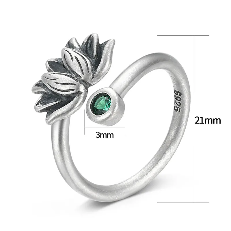 V. YA Ретро зеленый CZ Кристалл Открытые Кольца для женщин Настоящее чистое 925 серебро Лотос кольцо в виде цветка, ювелирное изделие аксессуары Высокое качество