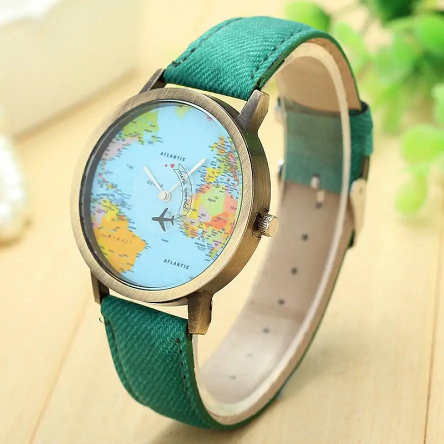 

Fashion Women Watches Global Travel By Plane Map Dress Ladies Watch Denim Fabric Strap Relogio Dignity bayan kol saati May24