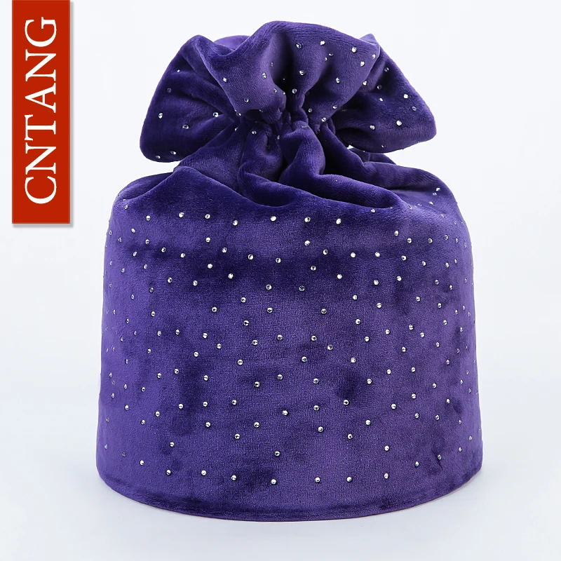 CNTANG Women Rhinestones Velvet Hats Winter Warm Fashion Tied hair Ponytail Hat For Female Autumn Flannel Caps Skullies Beanies 6