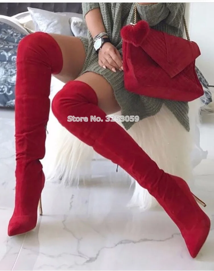 ALMUDENA/Лидер продаж; замшевые высокие сапоги с острым носком винно-Красного цвета в европейском стиле; настоящая фотография; высокие сапоги до бедра; осенне-зимняя обувь - Цвет: as picture