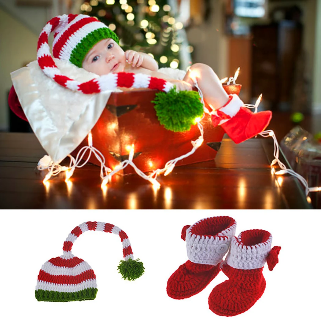 Красного цвета для новорожденных Рождественский костюм вязаный крючком детская Рождественская Детская шляпа и обувь реквизит для фотографии мальчиков трикотажные наряды