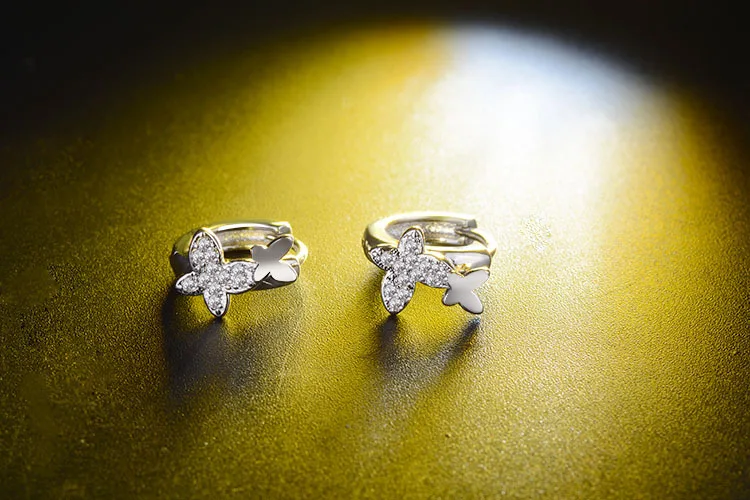 Симпатичные настоящие 925 пробы, серебряные крошечные серьги-кольца с двойной бабочкой, маленькие серьги для девочек с фианитами, минимальное ювелирное изделие от насекомых SE067