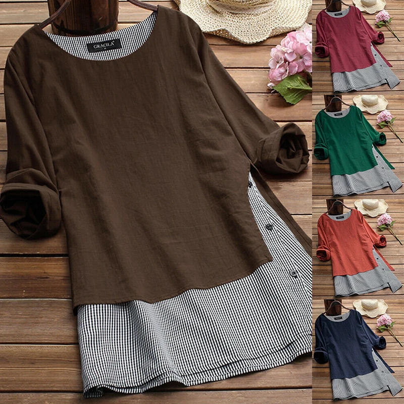 Linen Fake Two Pieces Shirt Dress Woman Casual Long Sleeve Dresses Lady Irregular Pullovers Dress Women Plus Size Blouse Dresses