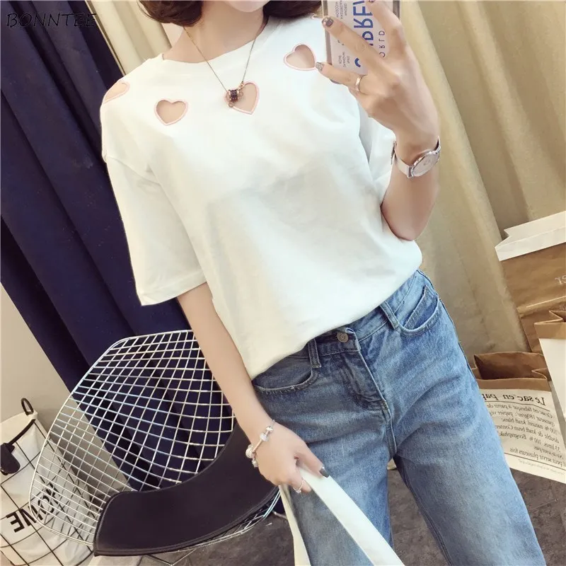 

T-shirts Women Embroidery Heart Summer Trendy Short Sleeve Womens Hollow Out Fashion Female Elegant Casual Clothing Daily Simple