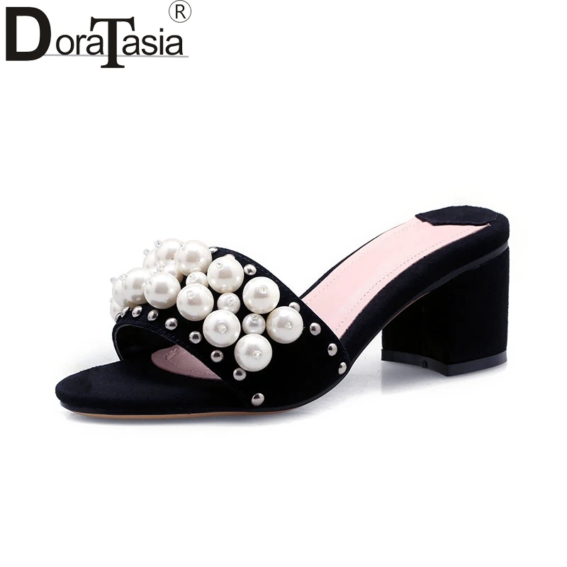 

DoraTasia Summer 2019 Kid Suede Genuine Leather Woman Slipper Shoes Woman String Bead Solid Square Heel Casual Summer