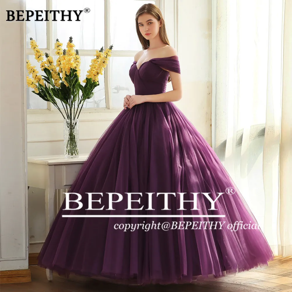 BEPEITHY Off The Shoulder Ball Gown Long Evening Dress Party Elegant 2022 Robe De Soiree Purple Princess Prom Dresses Sleeveless evening gowns for women