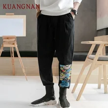 KUANGNAN китайский стиль хлопковые льняные брюки мужские джоггеры Японская уличная одежда джоггеры брюки мужские тренировочные брюки мужские штаны