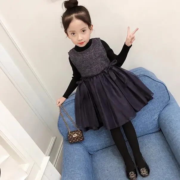 2018 Fall Winter Girls Wool Vest Dress Children's Bow Gauze Spliced Princess Dresses Female Kids One Piece DF174 | Детская одежда и