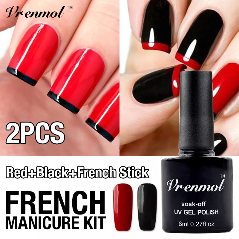 

Vrenmol 2pcs French Manicure Set Nail Art Black + Red Color French 3D Sticker Kit UV Nail Gel Long Lasting Gel Lacquer