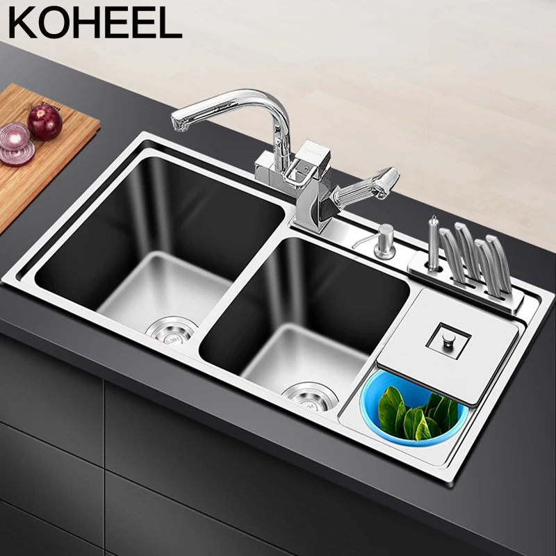 

kitchen sink Stainless steel brushed double bowl Drawing drainer hot and cold water put out faucet sink