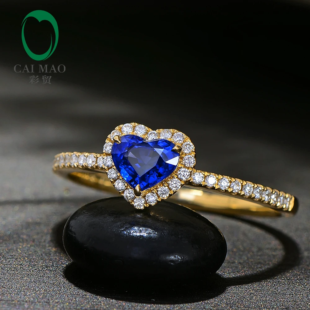 

Caimao Heart Shape 0.60ct Natural Blue Sapphire 14k Yellow Gold Halo Diamond Engagement Ring for Women