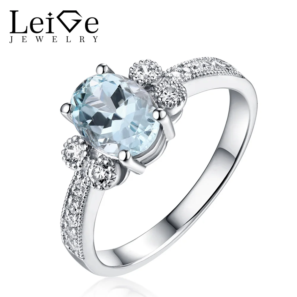 Leige Jewelry Fine Rings for Women Natural Aquamarine Ring Blue