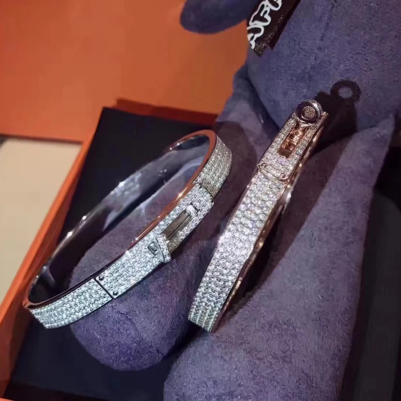

Brand Pure 925 Sterling Silver Jewelry For Women Rose Gold Full Stone Bangle Twist Buckle Bangle Wedding Party Silver Jewelry