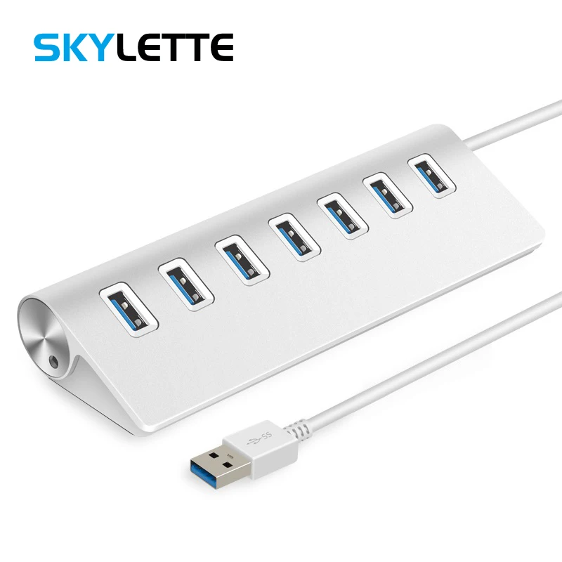 7-port USB 3.0 Hub 60cm Cable Portable Upto 5Gbps Super Speed Silver Anti-slip Chargeable Splitter For Multi USB Devices