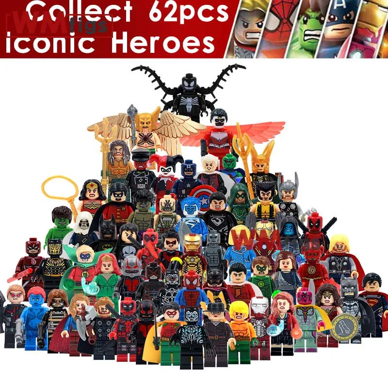 

62PCS/SET Marvel DC Super Heores Collection Hulk Aquaman Antman Green Lantern Wolverine Deadpool Building Blocks Toys Children
