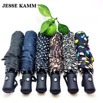 

JESSE KAMM New arrive Gentles Ladies Fully-automatic Aluminium Fiberglass Strong Frame Three Folding compact big rain umbrella