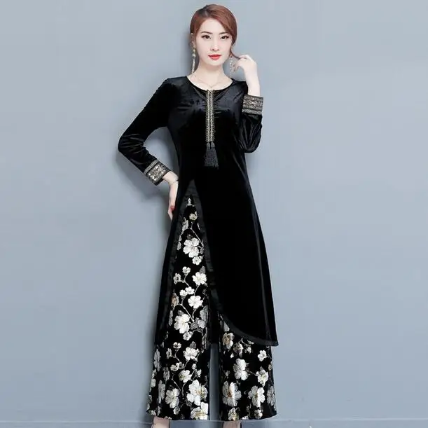 

woman Autumn and winter national costume set velvet cheongsam set two-piece dress + pants Slim thin woman Pants suit DF234