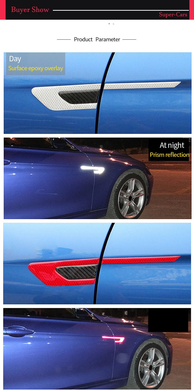 4 2pcs Reflective Strip Car Stickers Reflective Tape Carbon Fiber Door Warning Luminous Sticker Night Safety Security Accessories