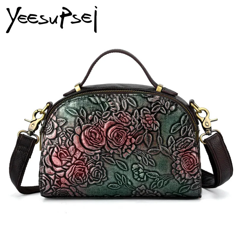 

YeeSupSei Luxury Women Genuine Leather Embossed Messenger Bag Vintage Female Rose Flower Small Handbag Crossbody Shoulder Bag