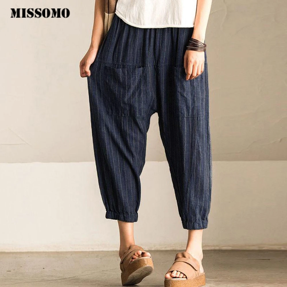

JAYCOSIN Women Retro Striped High Waist Casual Loose Elastic Trousers Harem Pants Vintage Pockets long Loose Line 65