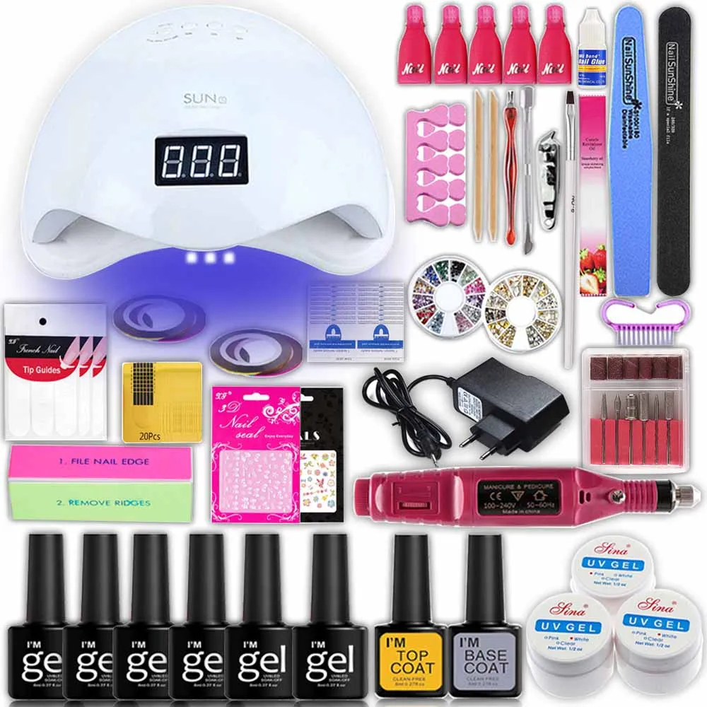 

UV Nail Lamp Manicure Set Choose 6 Colors Gel Polish Base Top Coat Nail Kits Extension UV Gel Kit Electric Manicure Handle Kit