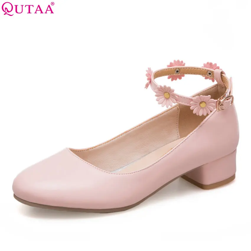 

QUTAA 2018 Women Pumps Pu Leather Pink Fashion Square Heel Round Toe Women Shoes Platform Buckle Ladies Pumps Size 34-43