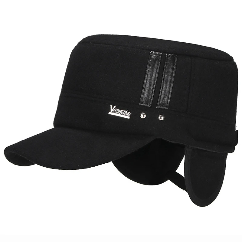 HT2015 Мужская зимняя бейсболка толстые теплые наушники папа шляпа твердая Шерсть Войлок армейская Кепка для мужчин Мужская регулируемая бейсболка