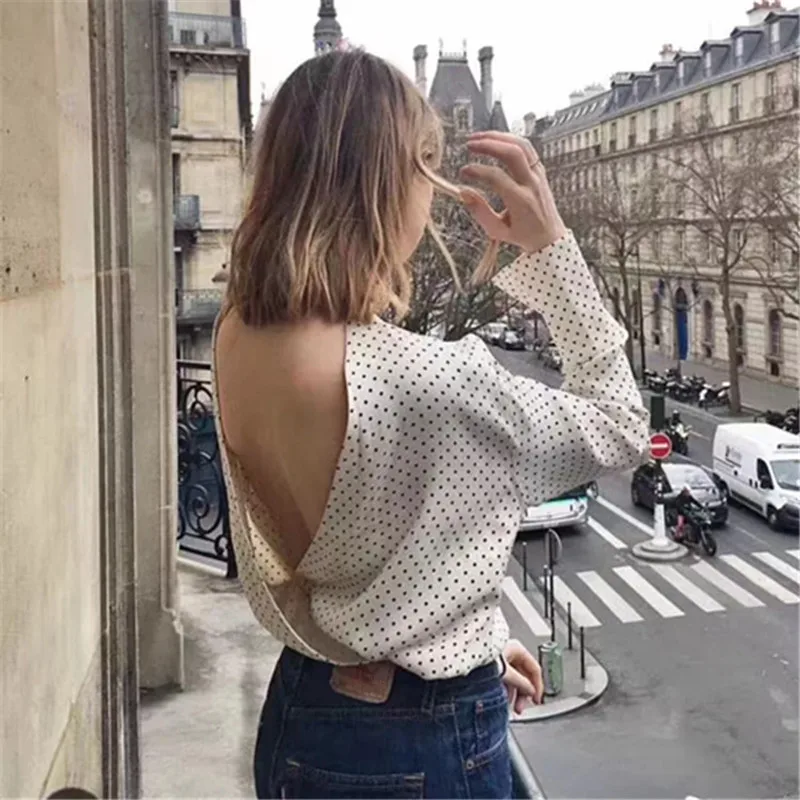 

Vintage Women Long Sleeve Open Back Blouses White O-Neck Backless Polka Dot Shirts